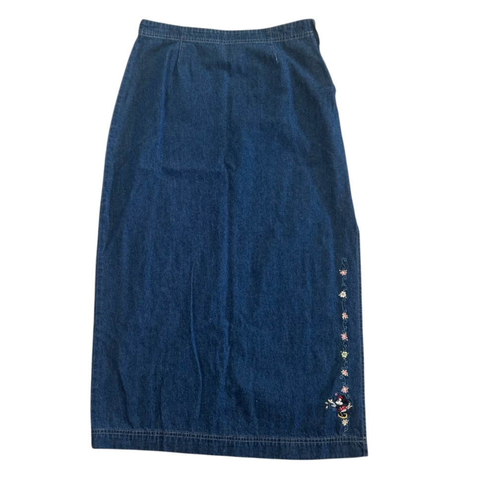 Vintage 90s Disney Store Embroidered Denim Maxi Skirt Minnie Mouse Floral Medium